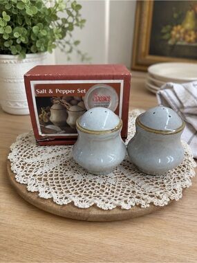 Vintage NIB “The Classics” Hand Painted Stoneware Salt & Pepper Set By Hearthsid